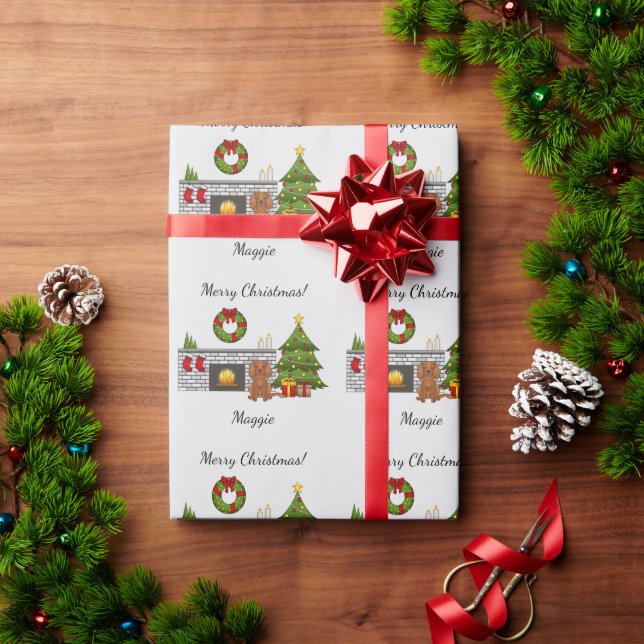 Ruby Cavalier Dog In A Christmas Room & Text Wrapping Paper (Holiday Gift)