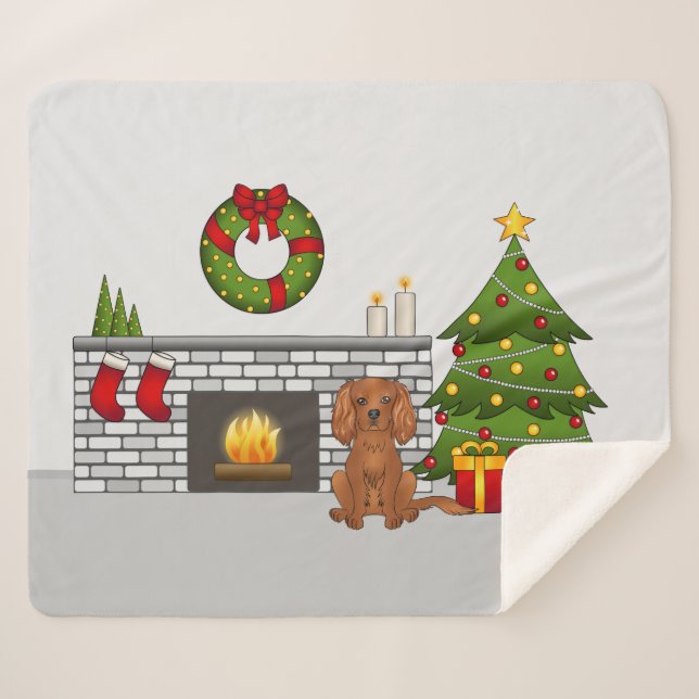 Ruby Cavalier Dog In A Festive Christmas Room Sherpa Blanket (Front (Horizontal))