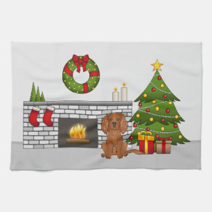 Ruby Cavalier Dog In A Festive Christmas Room Tea Towel