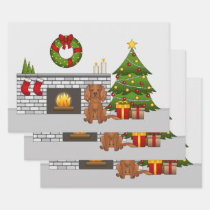 Ruby Cavalier Dog In A Festive Christmas Room Wrapping Paper Sheet