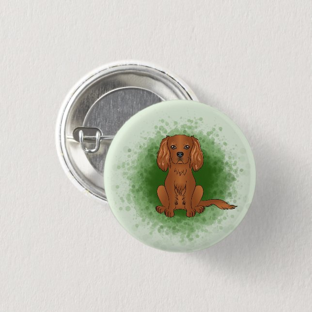 Ruby Cavalier King Charles Spaniel Dog On Green 3 Cm Round Badge (Front & Back)