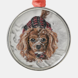 Ruby Cavalier King Charles Spaniel in the snow Metal Tree Decoration