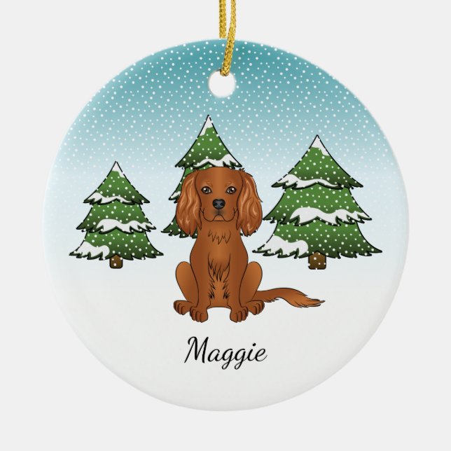 Ruby Cavalier King Charles Spaniel In Winter Ceramic Tree Decoration (Front)