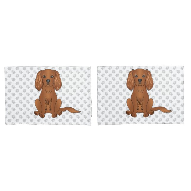 Ruby Cavalier King Charles Spaniel & Paws Pillowcase (Front-Set)