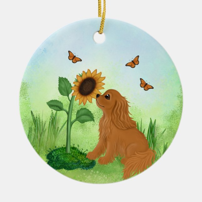 Ruby Cavalier King Charles Spaniel with Sunflower Ceramic Tree Decoration (Front)