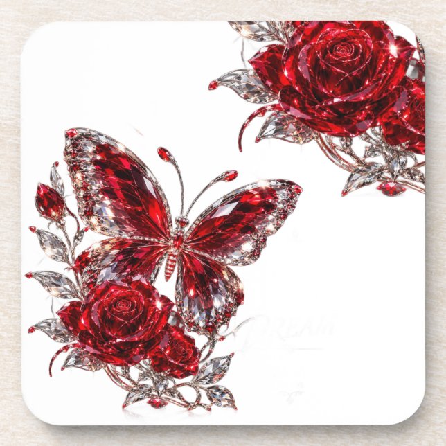 Ruby Crystal Butterfly & Rose Coaster (Front)