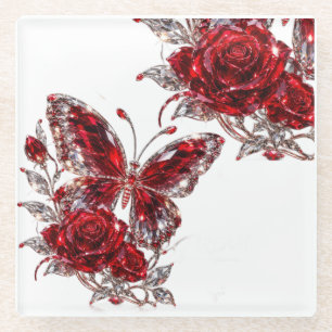 Ruby Crystal Butterfly & Rose Glass Coaster