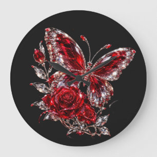 Ruby Crystal Butterfly & Rose Large Clock