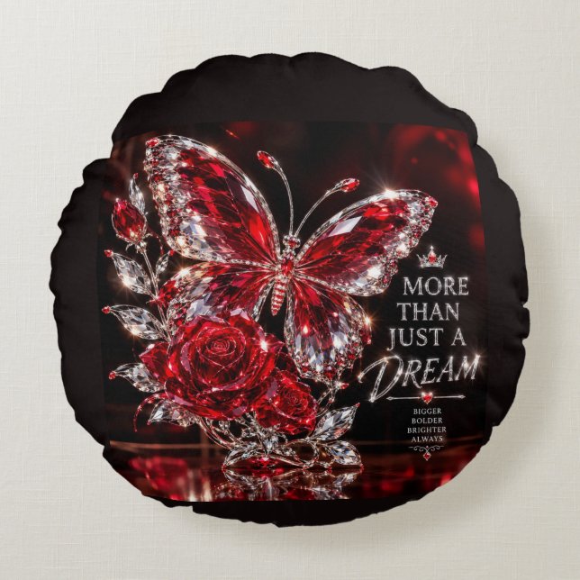 Ruby Crystal Butterfly & Rose Round Cushion (Front)