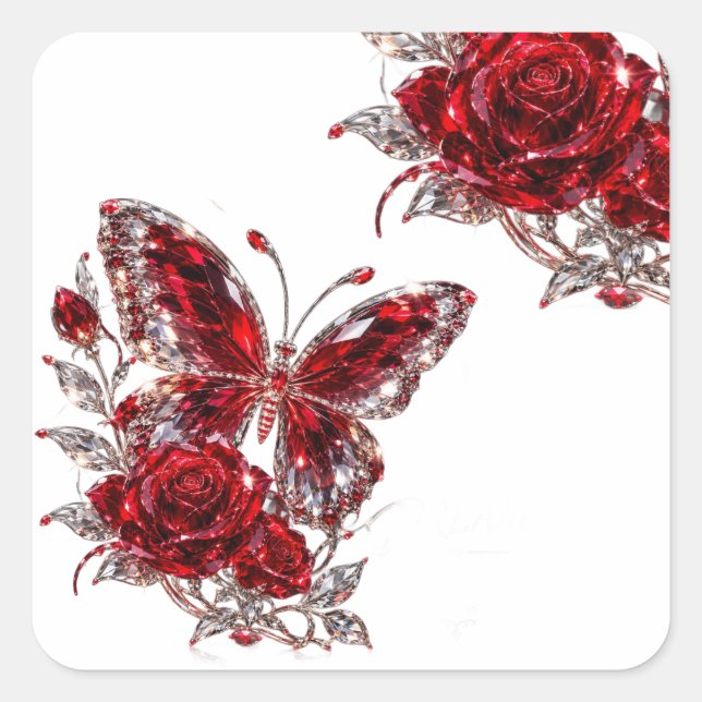 Ruby Crystal Butterfly & Rose Square Sticker (Front)