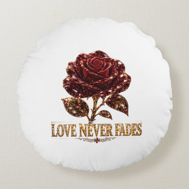 Ruby Crystal Rose – Love Never Fades Round Cushion (Front)