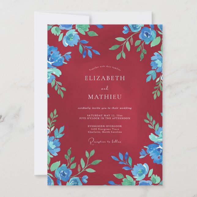 Ruby Cyan Leafy Wedding Invitation (Front)