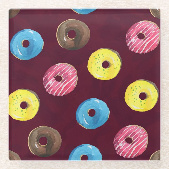 Ruby Doughnuts: Watercolor Seamless Pattern. Glass Coaster (Front)