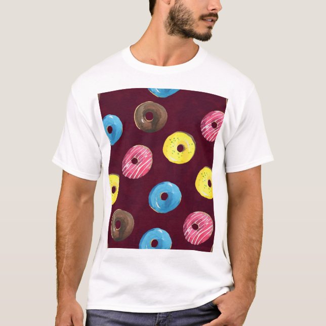 Ruby Doughnuts: Watercolor Seamless Pattern. T-Shirt (Front)