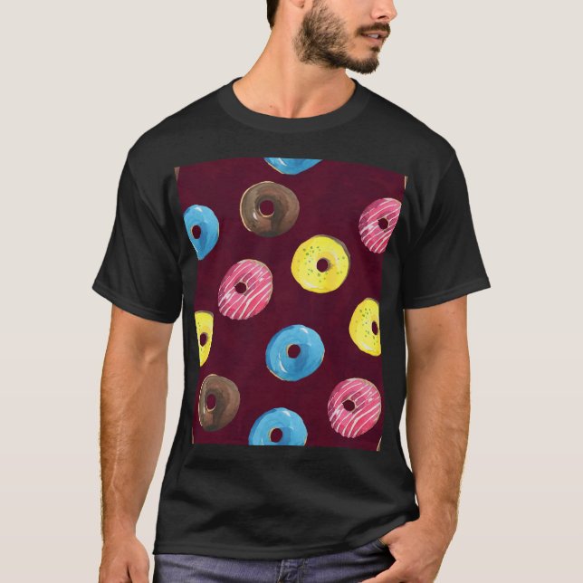 Ruby Doughnuts: Watercolor Seamless Pattern. T-Shirt (Front)