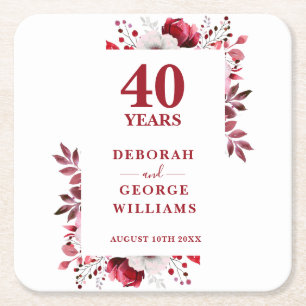 Ruby Elegant Floral 40th Wedding Anniversary Square Paper Coaster