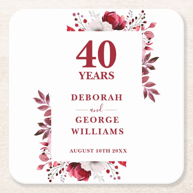 Ruby Elegant Floral 40th Wedding Anniversary  Square Paper Coaster (Front)