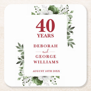 Ruby Elegant Floral 40th Wedding Anniversary Square Paper Coaster