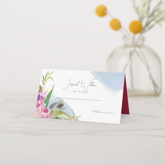 Ruby Floral Peonies Wedding Place Card (Front)