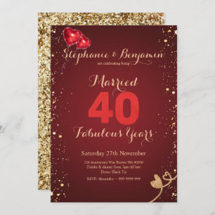 Ruby Gold Glitter 40th Wedding Anniversary Elegant Invitation