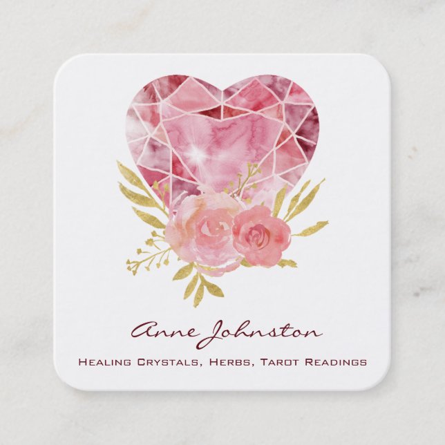 Ruby Heart and Flowers Square Business Card (Front)