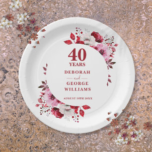 Ruby Modern Floral 40th Wedding Anniversary  Paper Plate