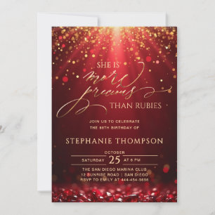 Ruby More Precious Red Gold Glitter 80th Birthday Invitation
