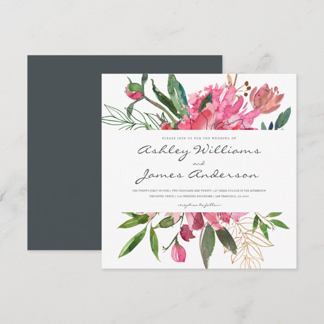 Ruby Peony Floral Wedding Invitation | Square (Front/Back)