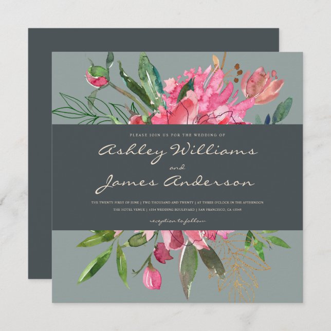 Ruby Peony Floral Wedding Invitation | Square (Front/Back)