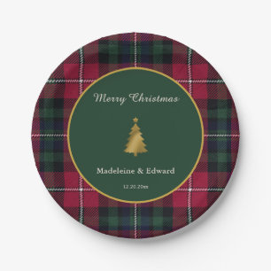Ruby Pine Holiday Tartan Gold Tree Christmas Paper Plate