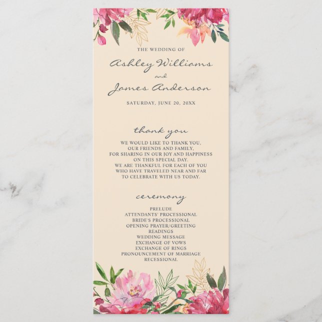 Ruby Pink Peony Botanical Ivory Wedding Programme (Front)