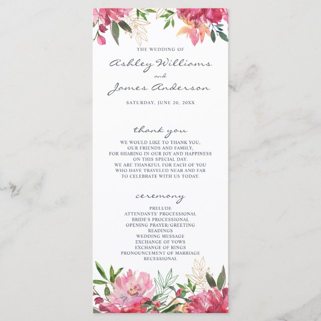 Ruby Pink Peony Botanical Wedding Programme (Front)