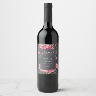 Ruby Pink Peony Floral Botanical Cheers Wedding Wine Label