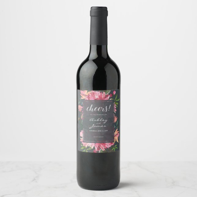 Ruby Pink Peony Floral Botanical Cheers Wedding Wine Label (Front)
