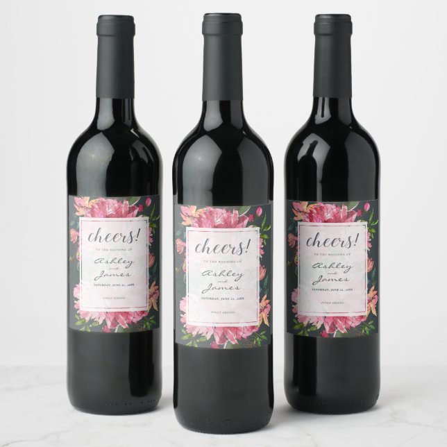 Ruby Pink Peony Floral Botanical Cheers Wedding Wine Label (Bottles)
