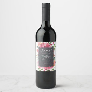 Ruby Pink Peony Floral Botanical Cheers Wedding Wine Label