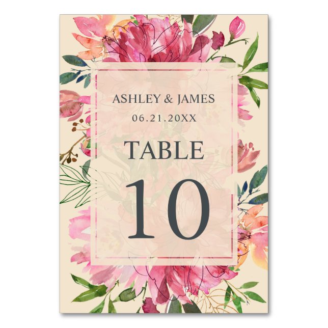 Ruby Pink Peony Floral Botanical Ivory Wedding Table Number (Front)
