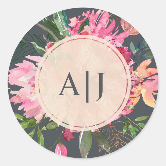 Ruby Pink Peony Floral Botanical Monogram Classic Round Sticker (Front)
