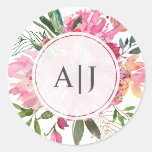 Ruby Pink Peony Floral Botanical Monogram Classic Round Sticker
