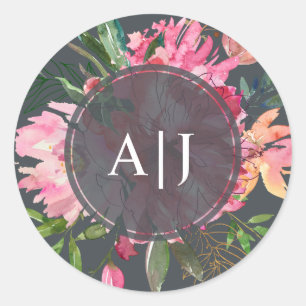 Ruby Pink Peony Floral Botanical Monogram Classic Round Sticker
