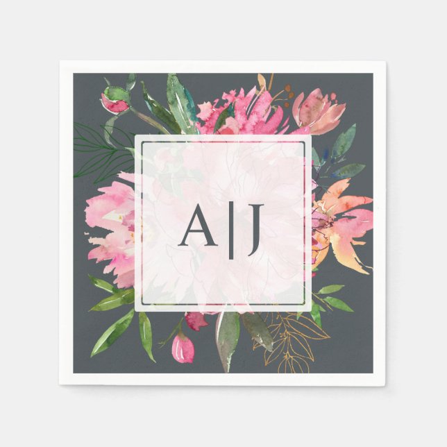 Ruby Pink Peony Floral Botanical Monogram Napkin (Front)
