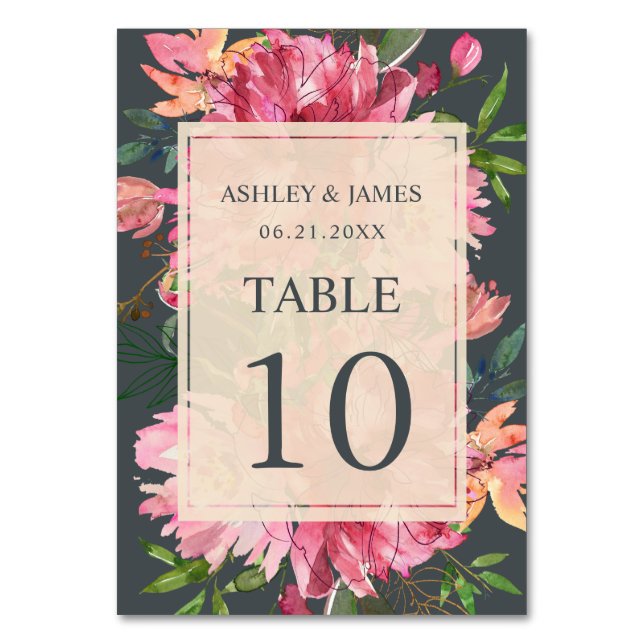 Ruby Pink Peony Floral Botanical Off-Black Wedding Table Number (Front)