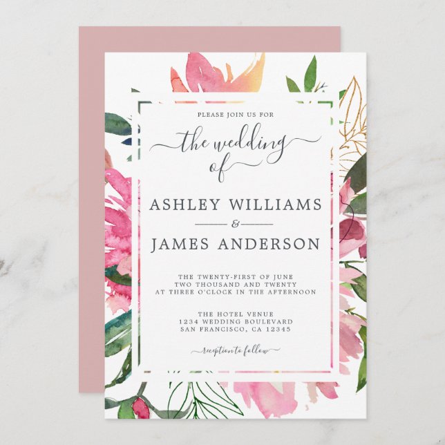 Ruby Pink Peony Floral Botanical Wedding Invitation (Front/Back)
