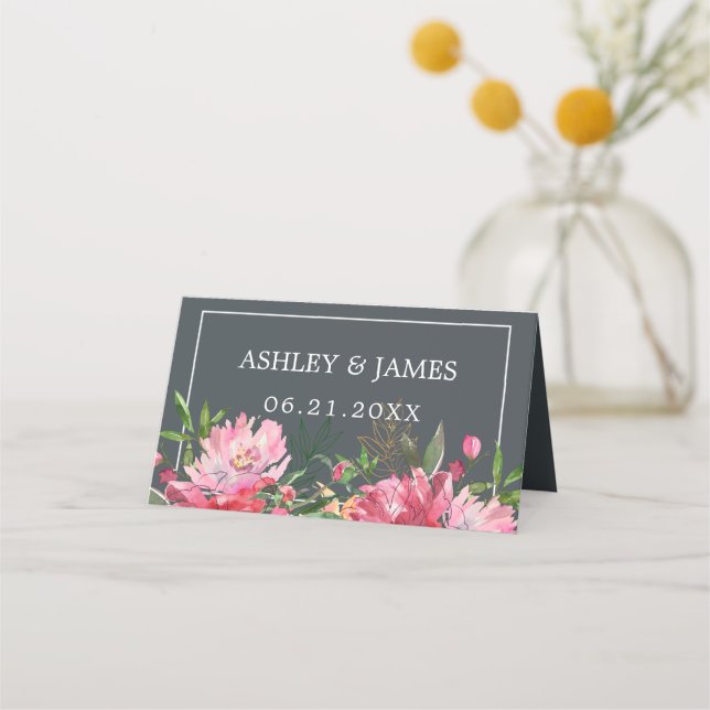 Ruby Pink Peony Floral Botanical Wedding Place Card (Front)
