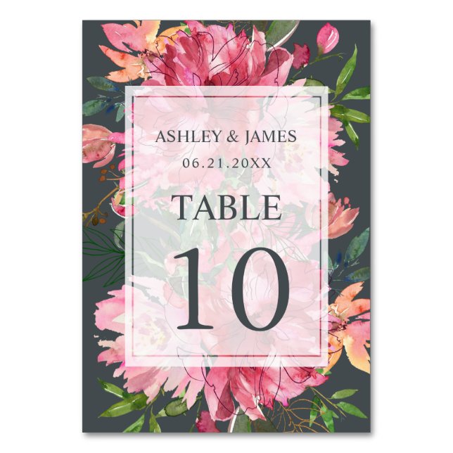 Ruby Pink Peony Floral Botanical Wedding Table Number (Front)