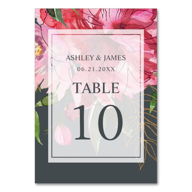 Ruby Pink Peony Floral Botanical Wedding Table Number (Front)