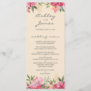 Ruby Pink Peony Floral Ivory Wedding Menu