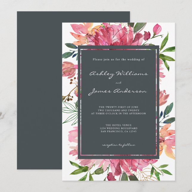 Ruby Pink Peony Floral Wedding Invitation (Front/Back)