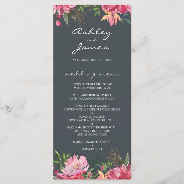 Ruby Pink Peony Floral Wedding Menu (Front)
