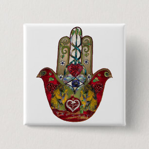 Ruby Pomegranate Heart Red Bird Hamsa 15 Cm Square Badge